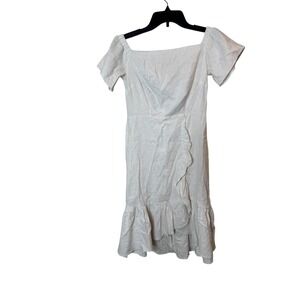 ASOS Dress Womens US 2 White Linen Blend Ruffle Midi‎ Short Sleeve Summer NWT